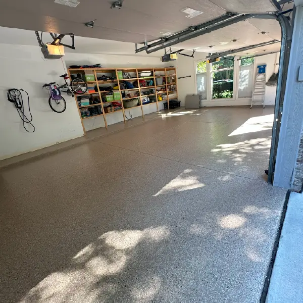 Colorful flakes epoxy floor installed in a Michigan garage